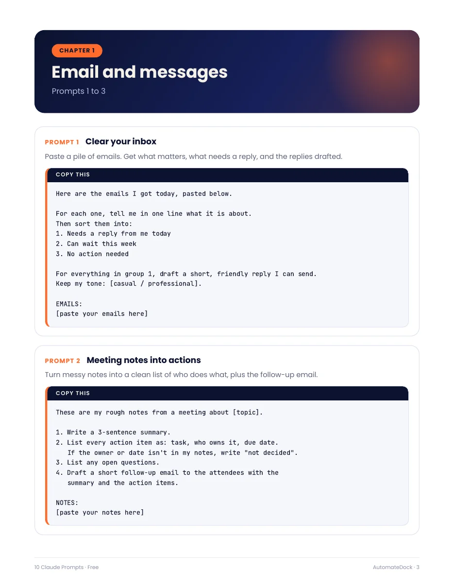 Prompts 1 and 2: clear your inbox, meeting notes into actions